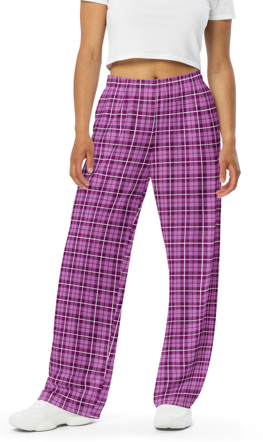 unisex wide-leg pants- Tartan Dark Pink
