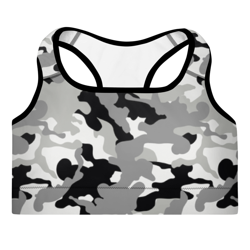 A multicolored Camouflage sports bra with a scoop neckline and racerback design.