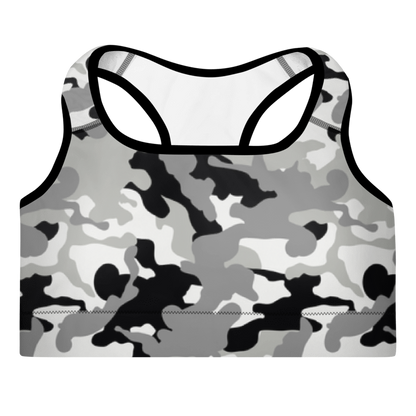 A multicolored Camouflage sports bra with a scoop neckline and racerback design.