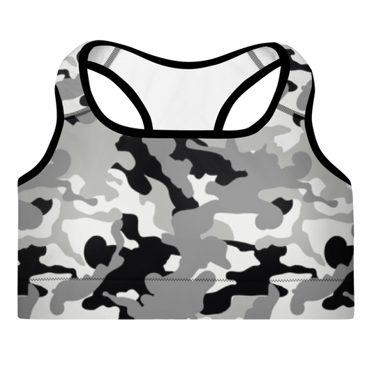A multicolored Camouflage sports bra with a scoop neckline and racerback design.
