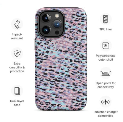 Tough Case for iPhone®- Zebra and Leopard Print Pink with Cyan