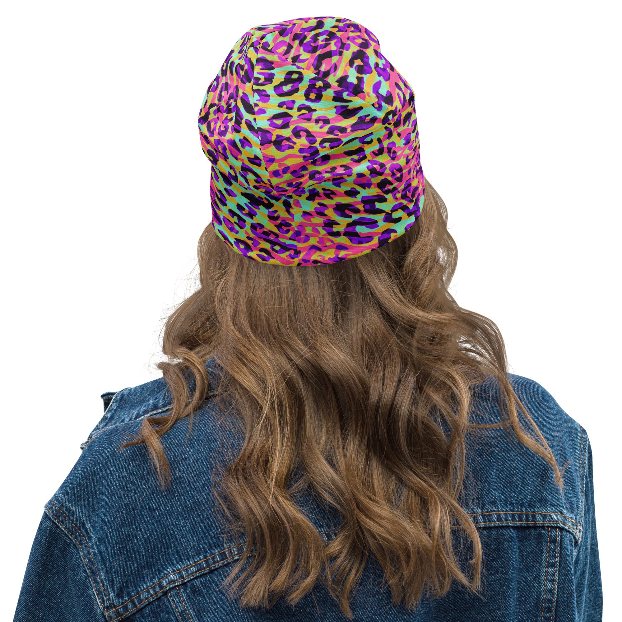 Beanie- Zebra and Leopard Print Pink with Yellow