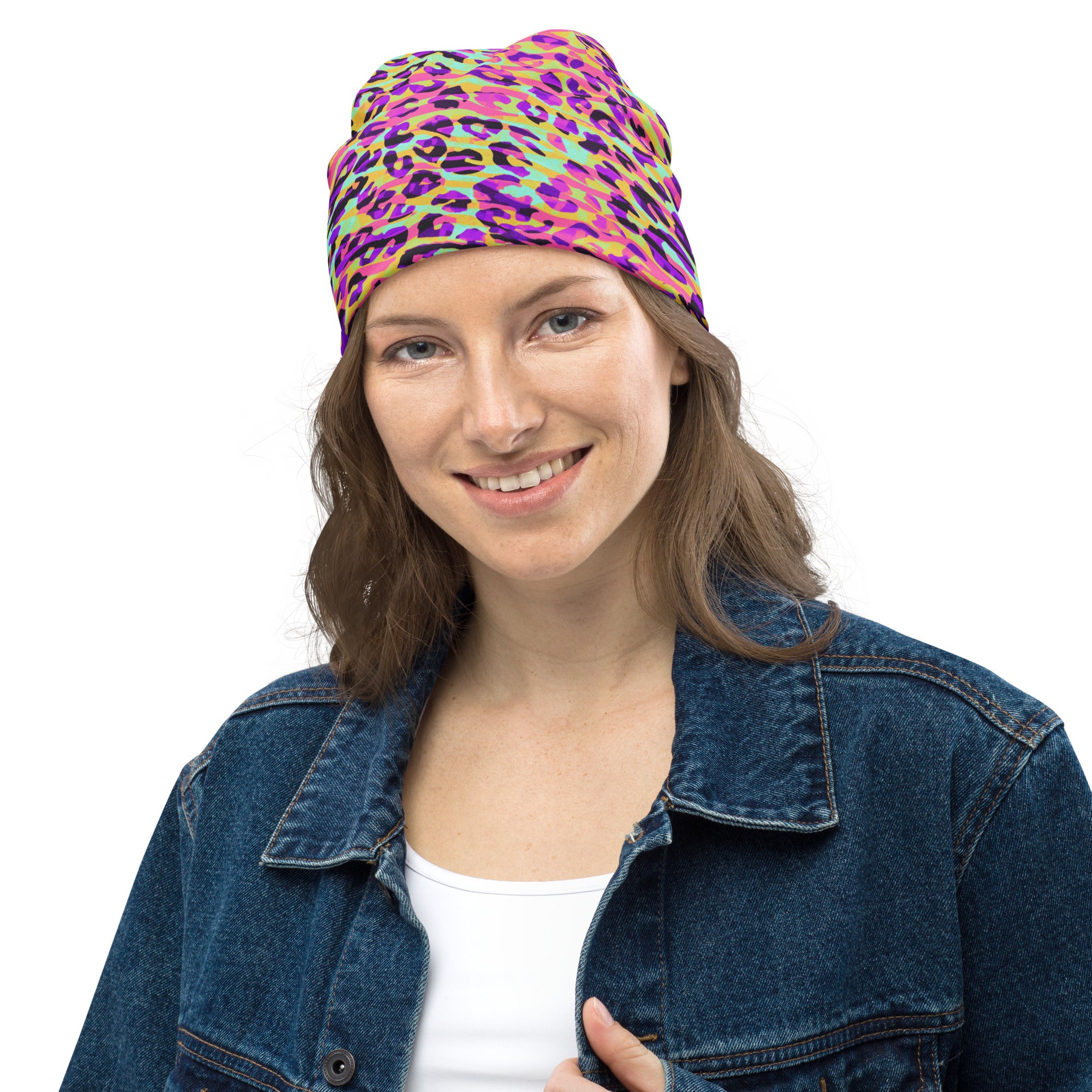 Beanie- Zebra and Leopard Print Pink with Yellow