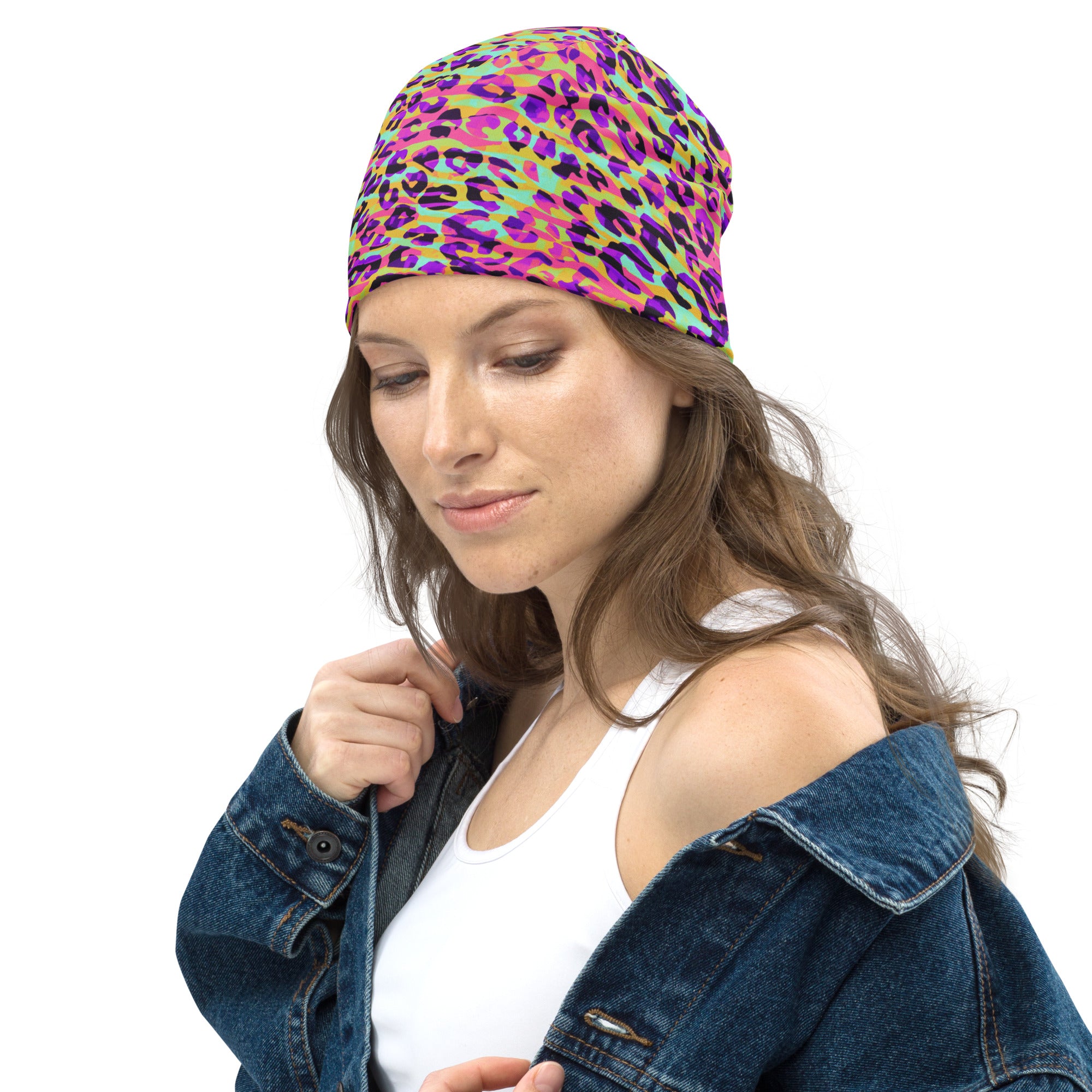 Beanie- Zebra and Leopard Print Pink with Yellow