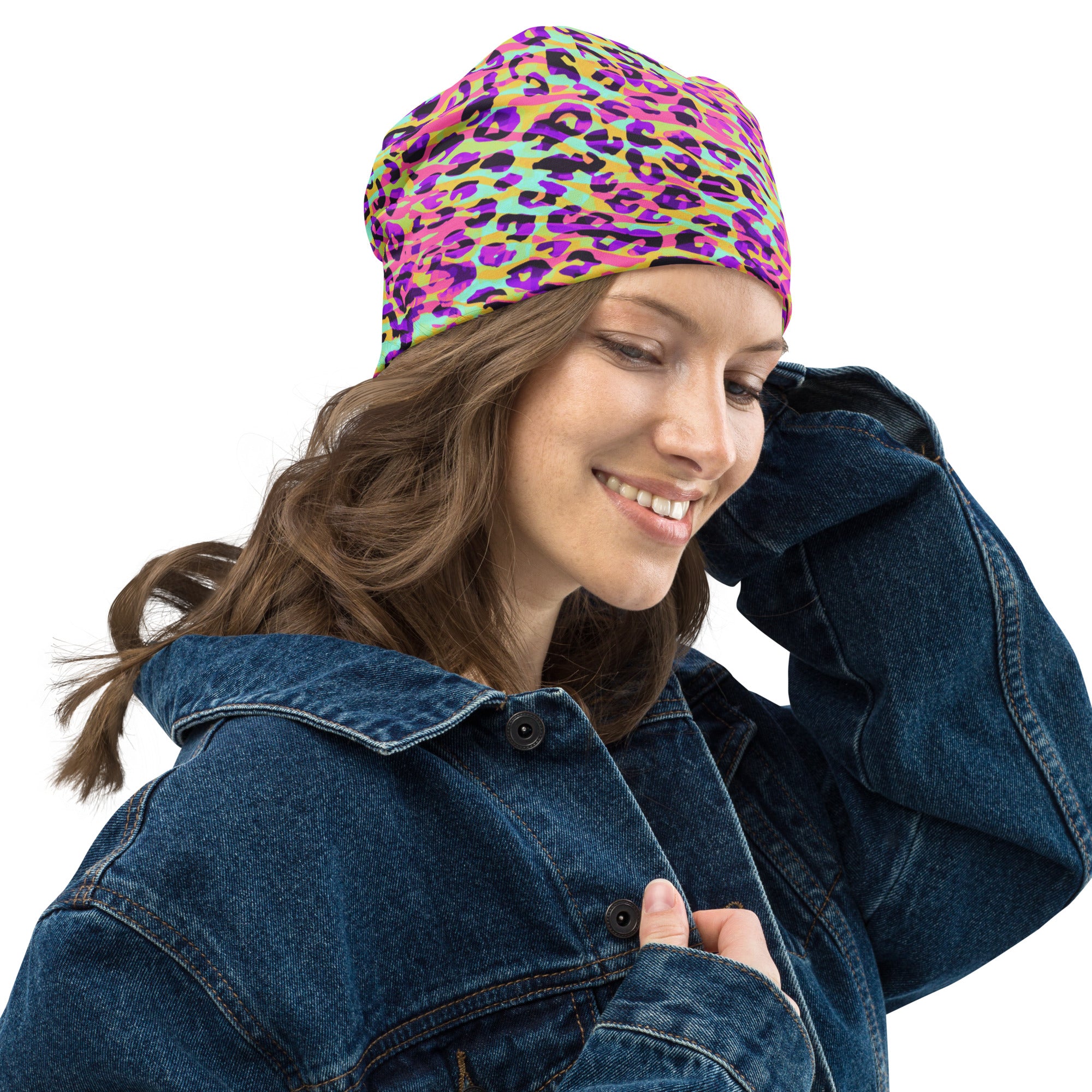 Beanie- Zebra and Leopard Print Pink with Yellow