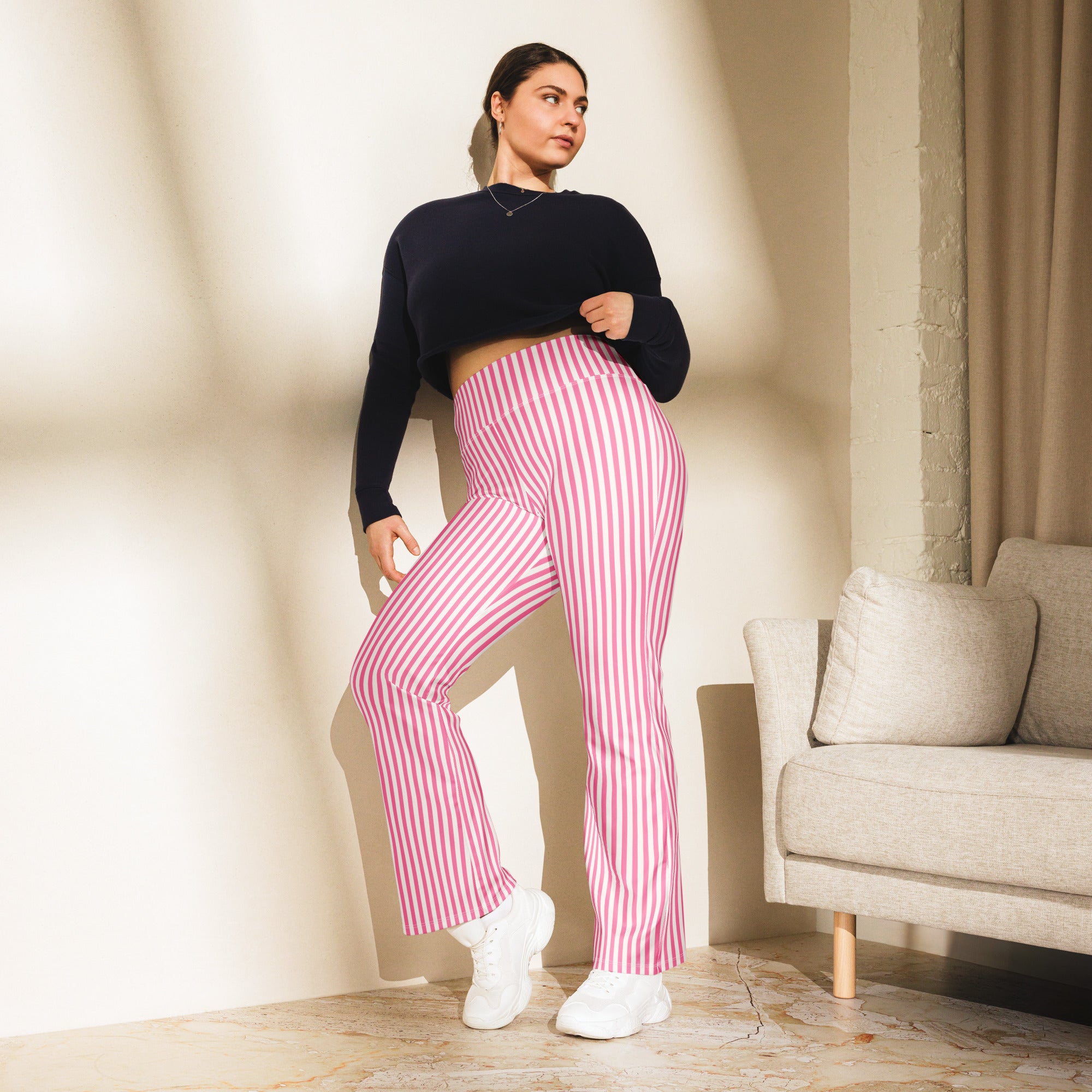 Flare leggings- White and Pink Stripes