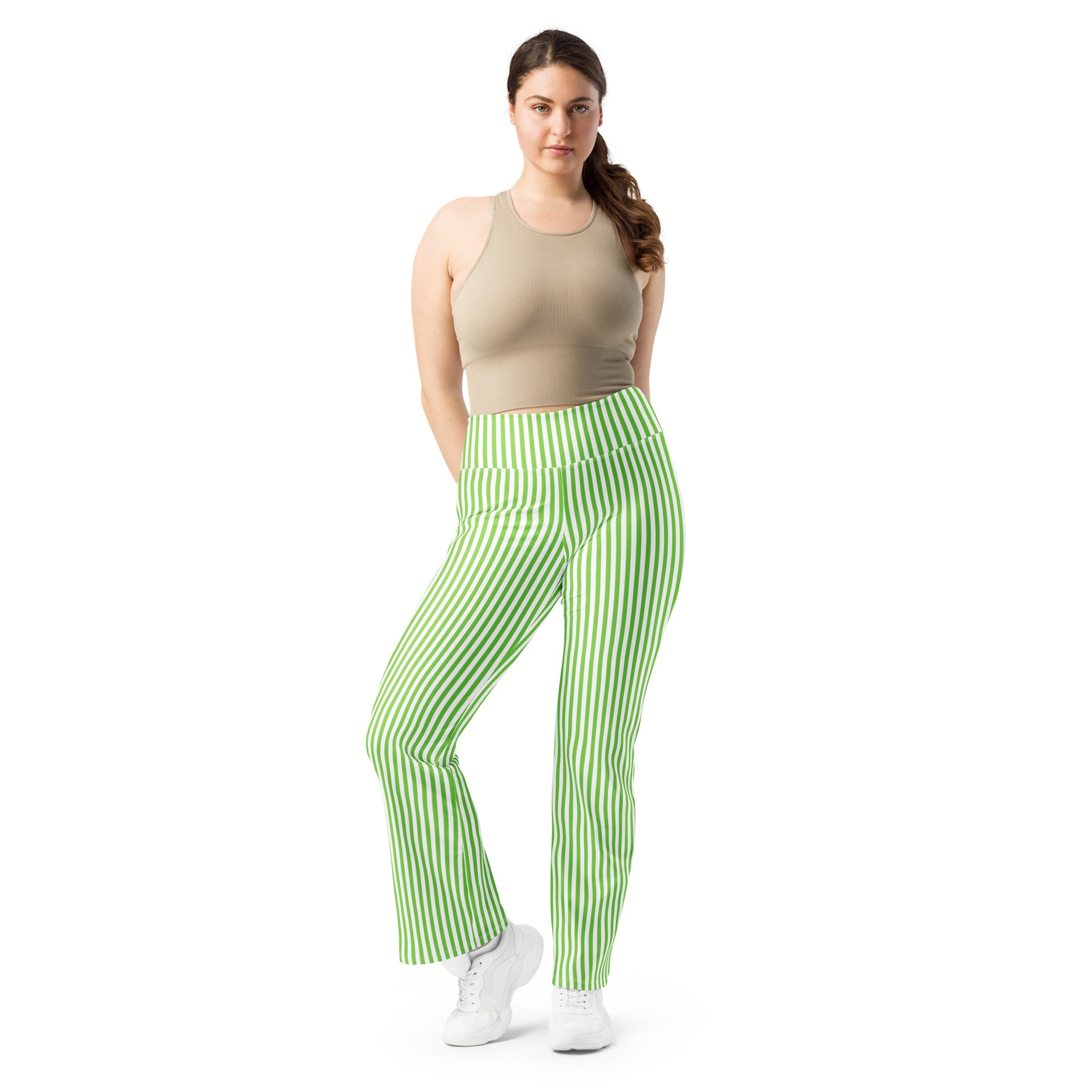 Flare leggings- White and Green Stripes