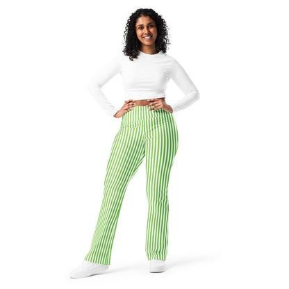 Flare leggings- White and Green Stripes