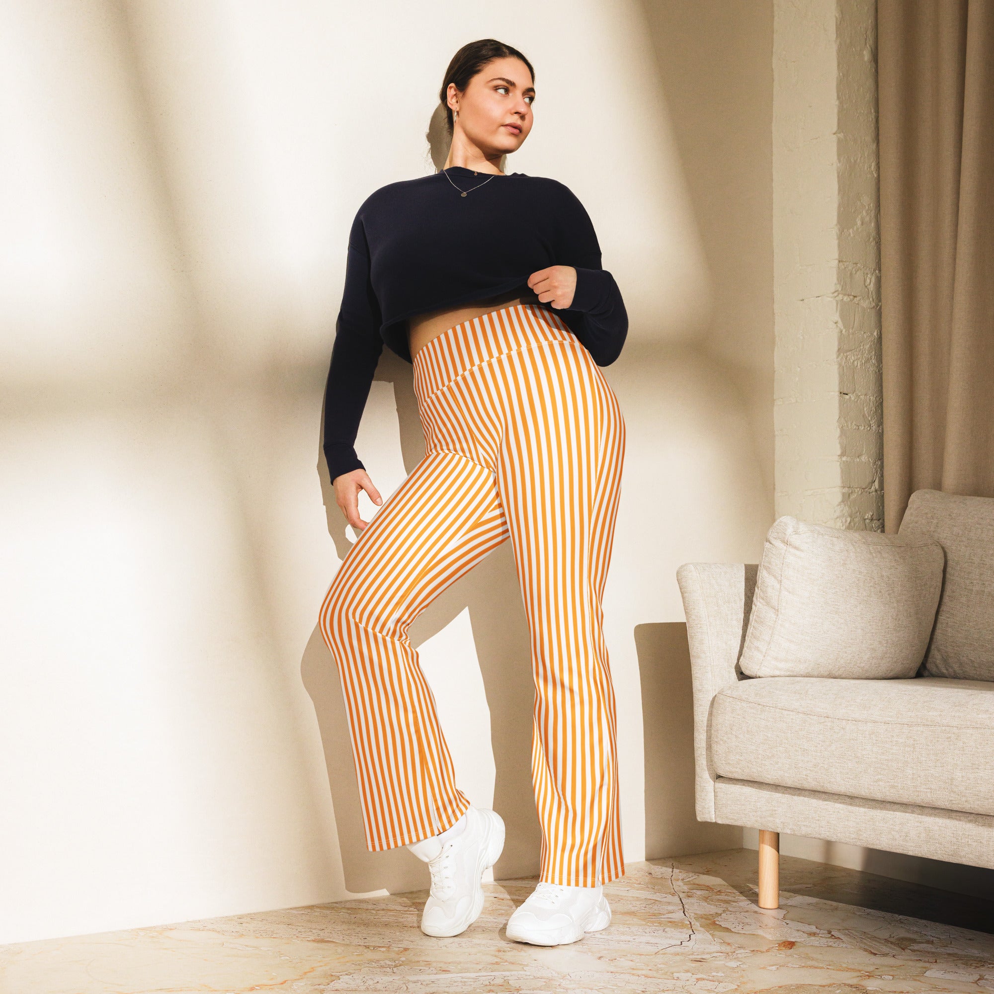 Flare leggings- White and Orange Stripes