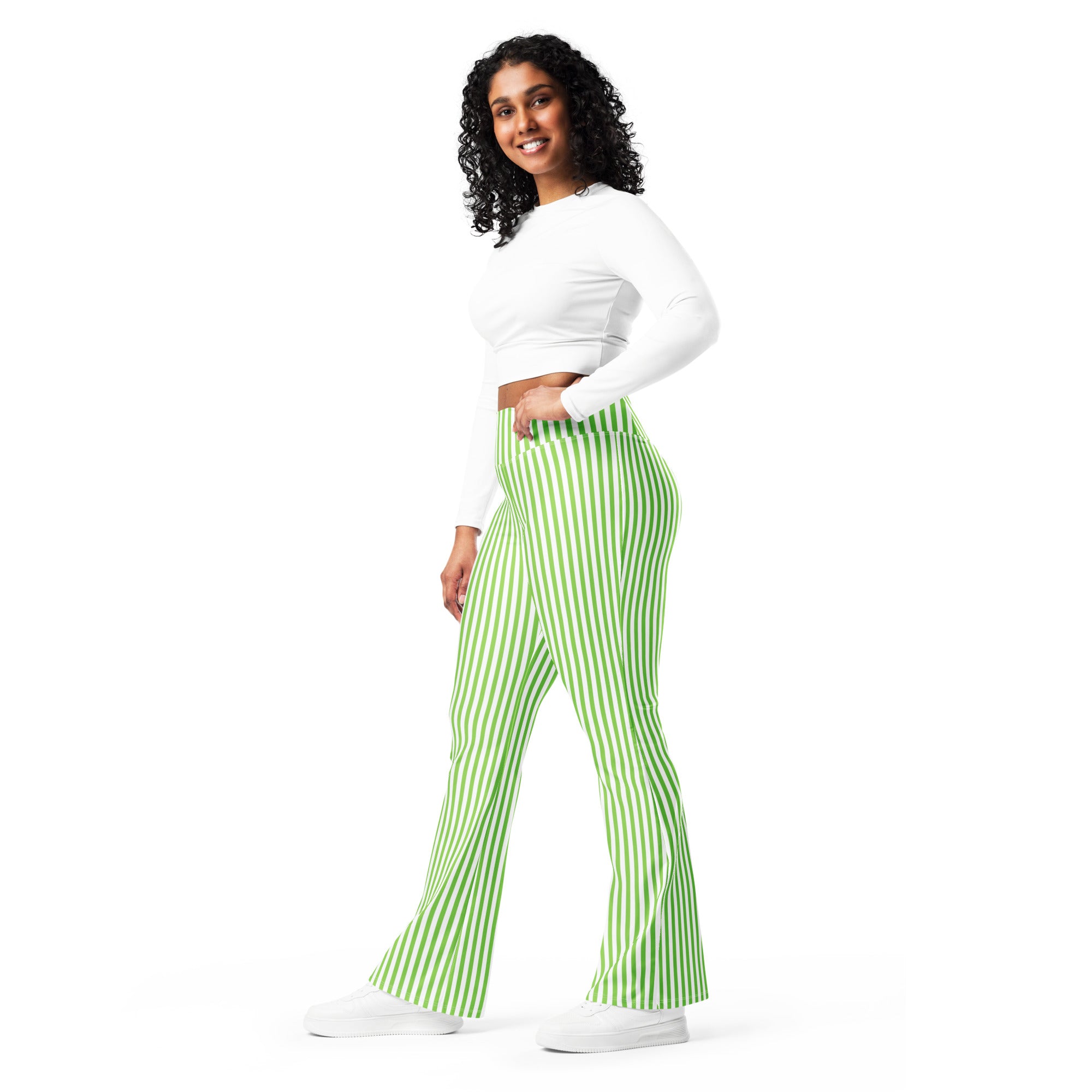 Flare leggings- White and Green Stripes