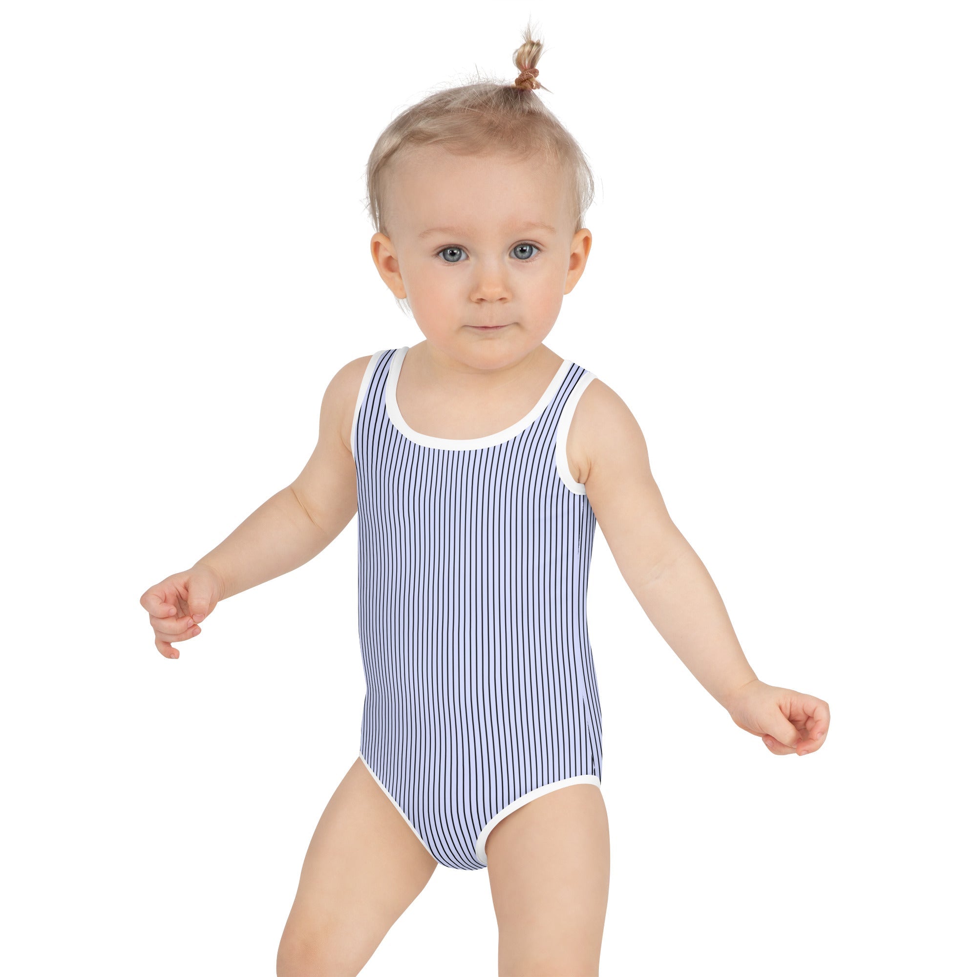 All - Over Print Kids Swimsuit - Blue with Black Stripes - Klip Clop