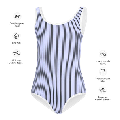 All - Over Print Kids Swimsuit - Blue with Black Stripes - Klip Clop