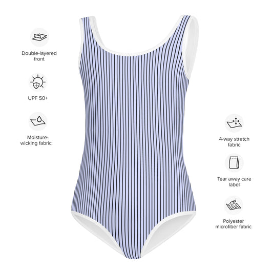 All - Over Print Kids Swimsuit - Blue with Black Stripes - Klip Clop