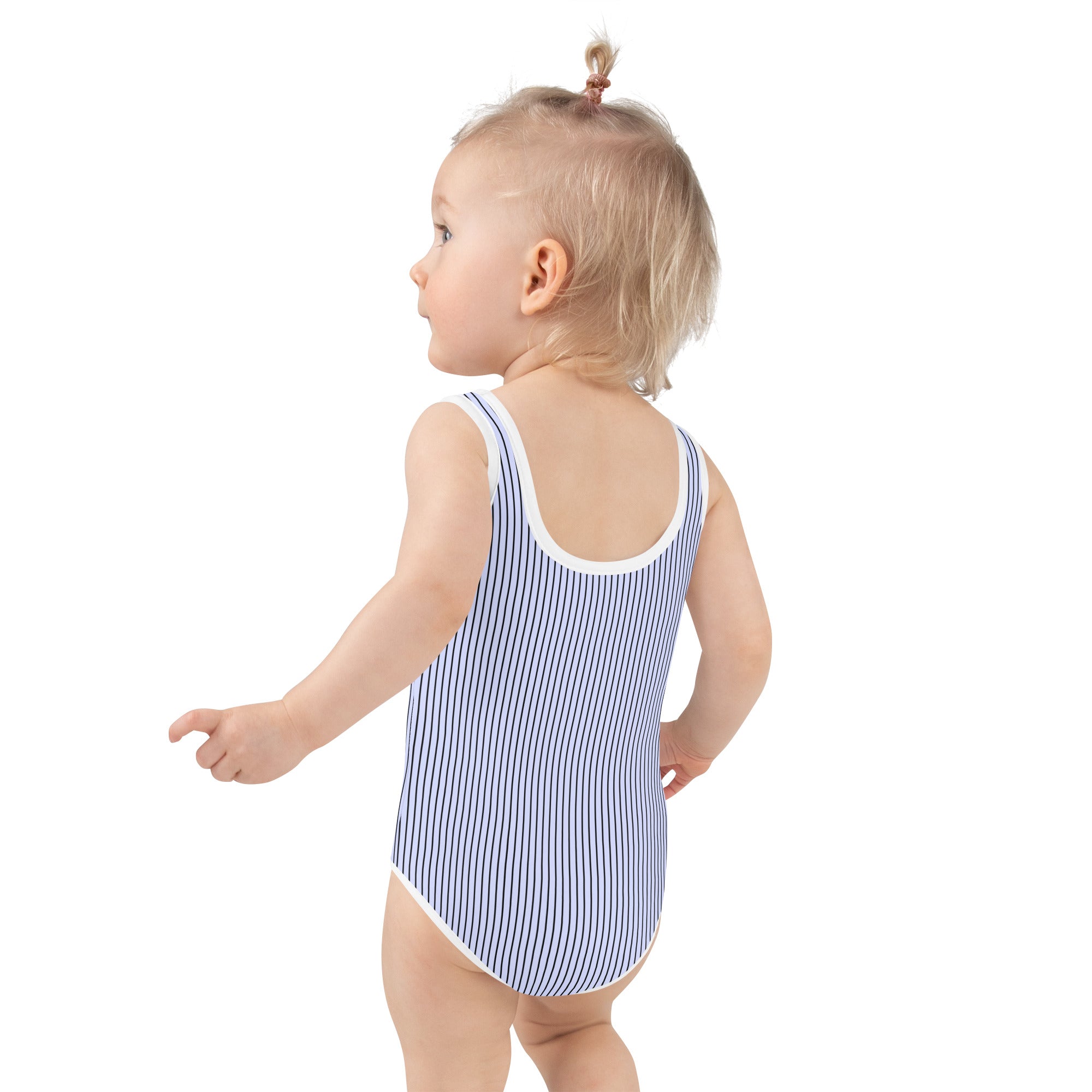 All-Over Print Kids Swimsuit- Blue with Black Stripes