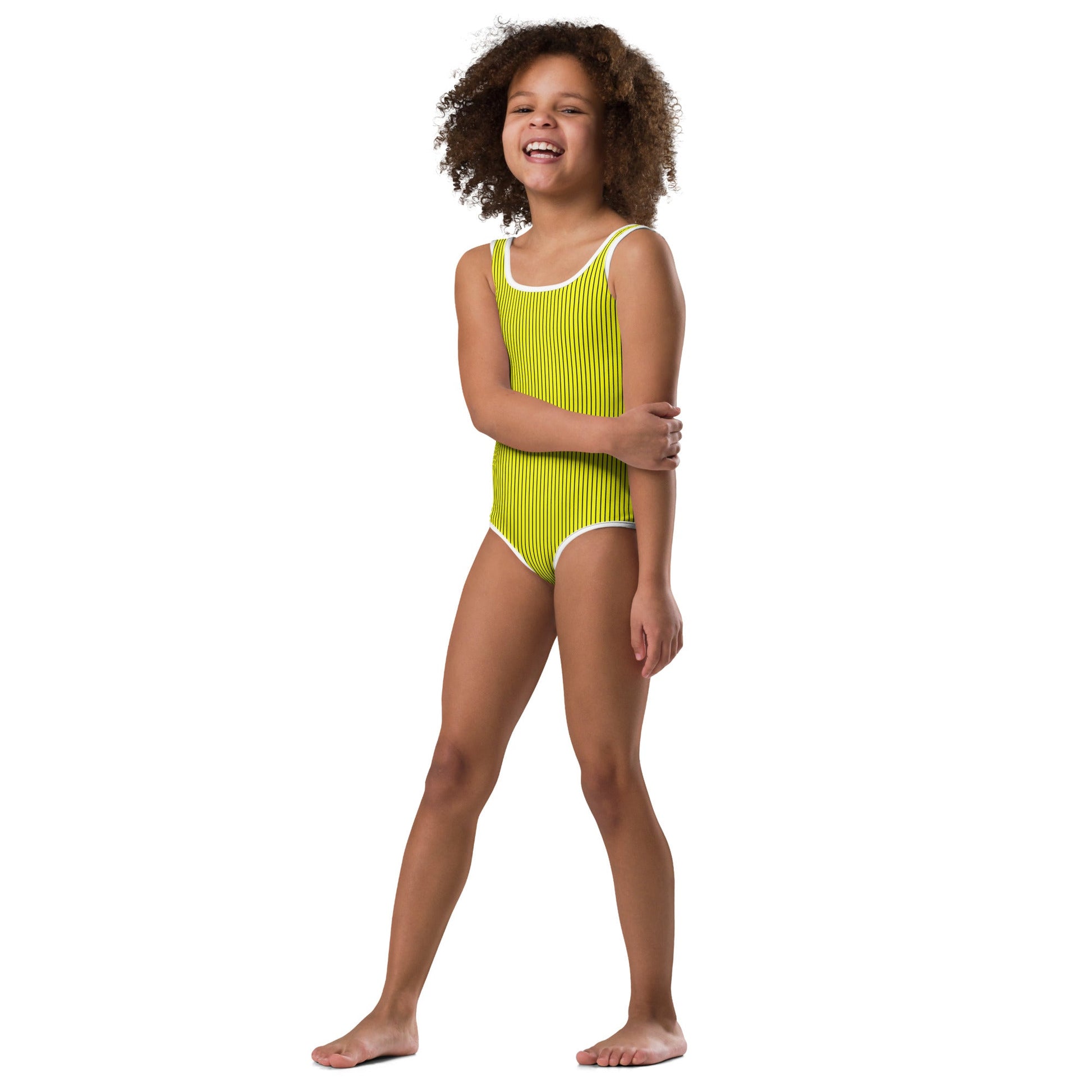 All - Over Print Kids Swimsuit - Yellow with Black Stripes - Klip Clop