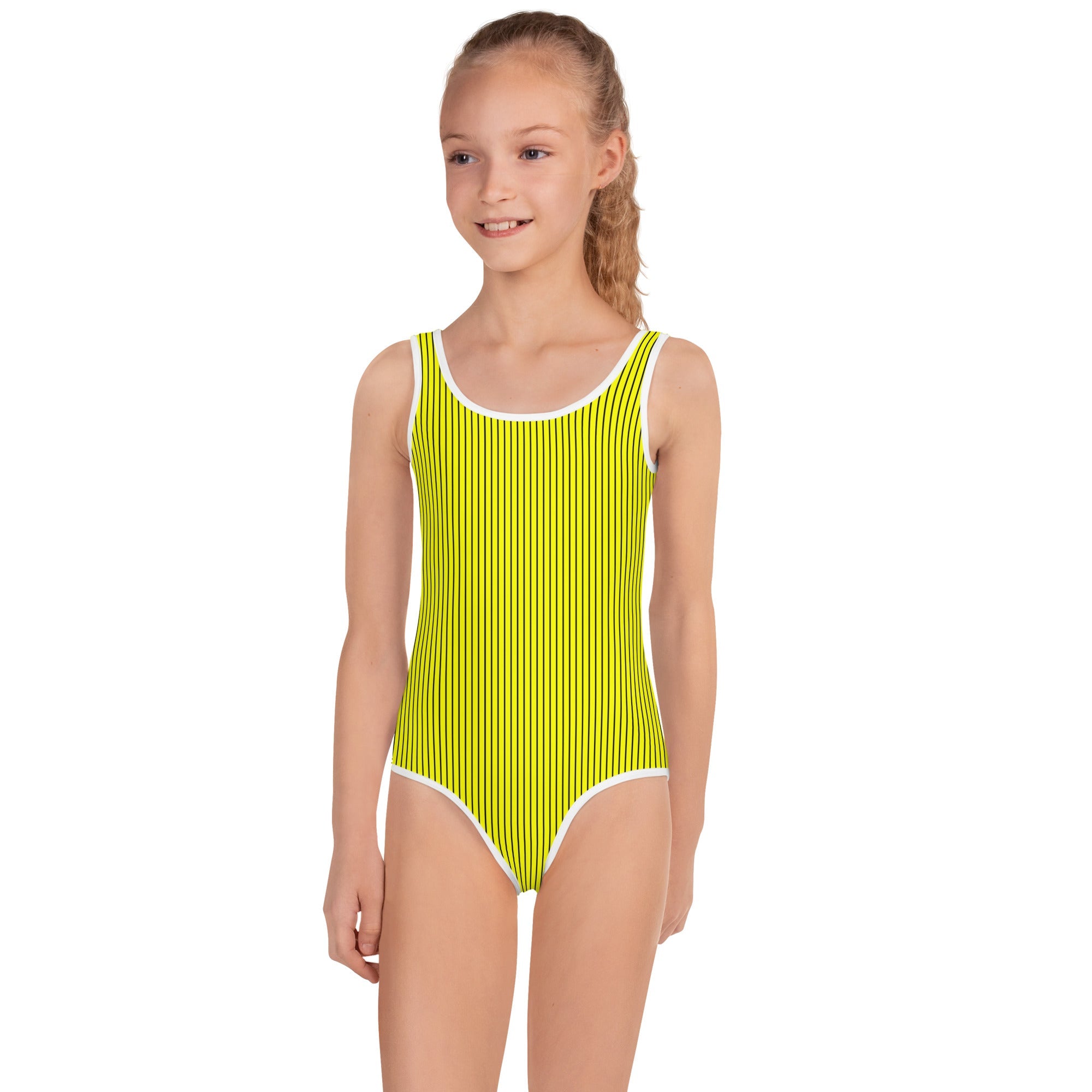 All - Over Print Kids Swimsuit - Yellow with Black Stripes - Klip Clop