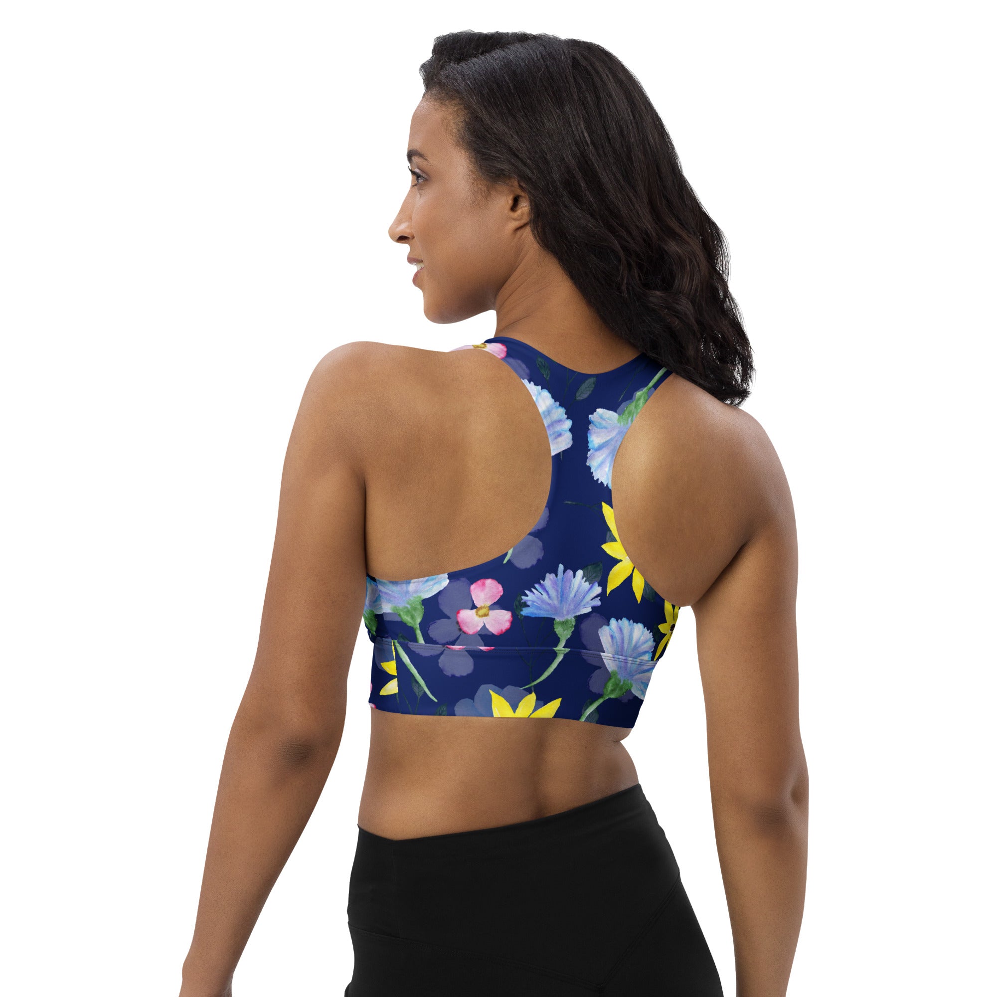 Longline sports bra- Summer Flowers Dark Blue