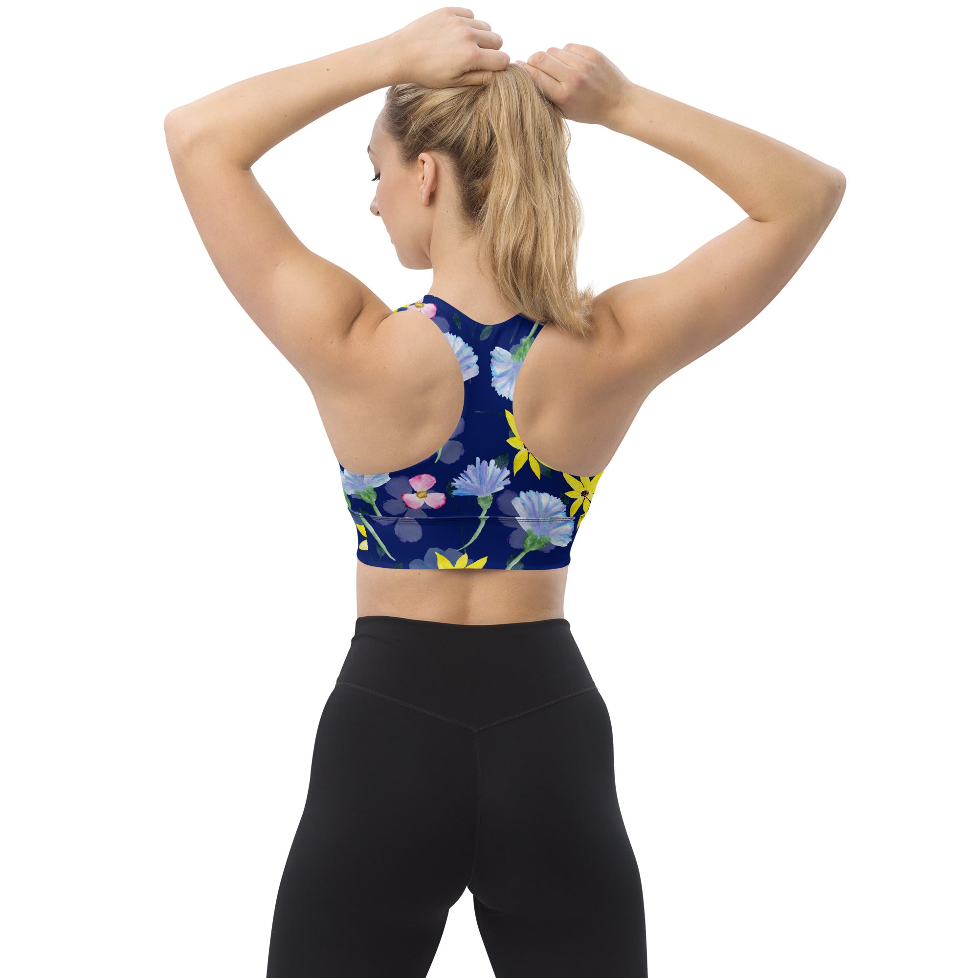 Longline sports bra- Summer Flowers Dark Blue