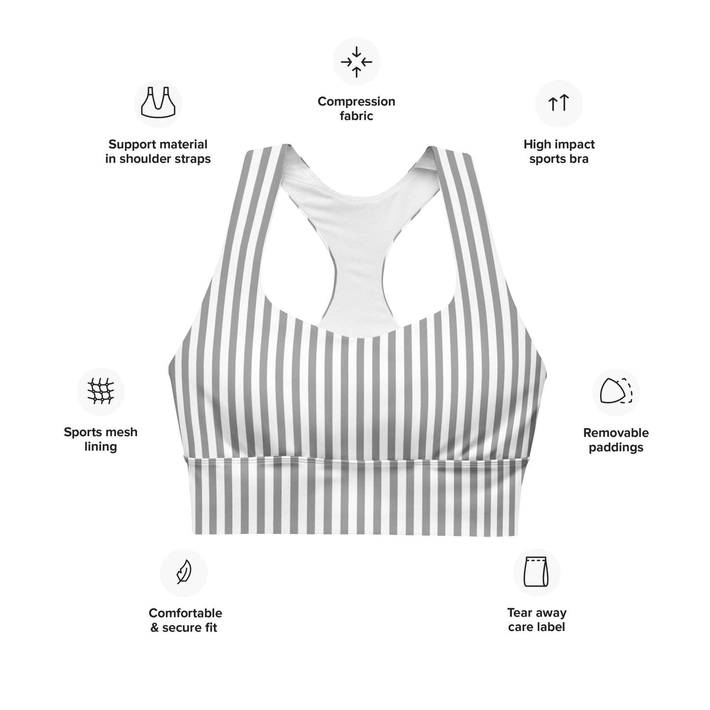 Longline sports bra- White and Grey Stripes