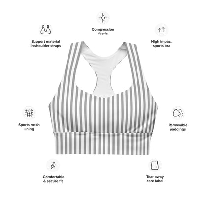 Longline sports bra- White and Grey Stripes