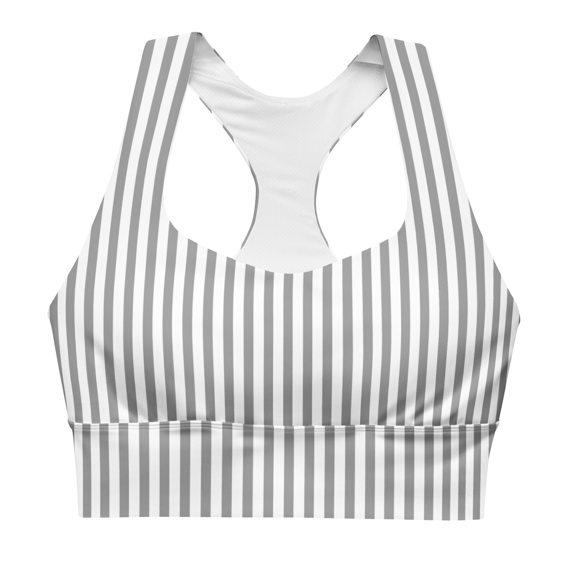A white and grey striped longline sports bra.