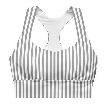 A white and grey striped longline sports bra.