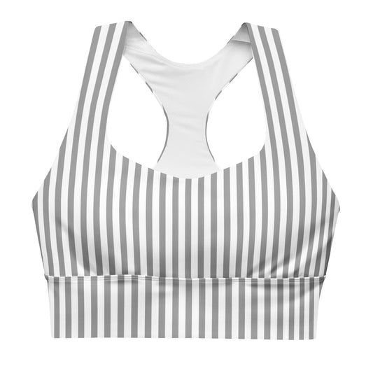 A white and grey striped longline sports bra.