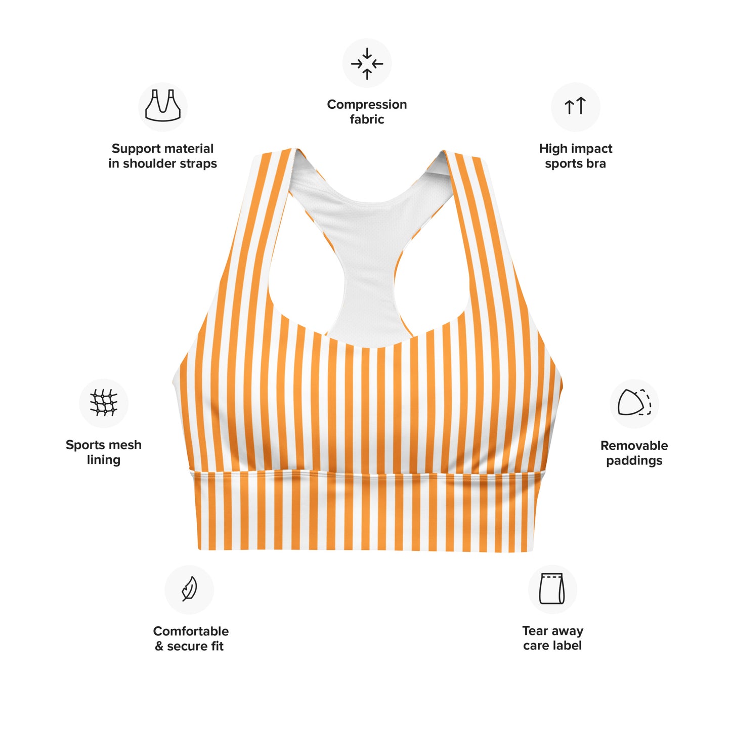 Longline sports bra- White and Orange Stripes