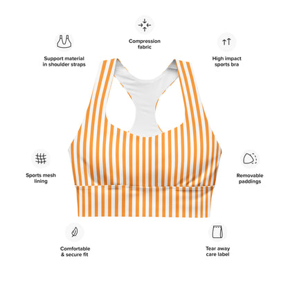 Longline sports bra- White and Orange Stripes