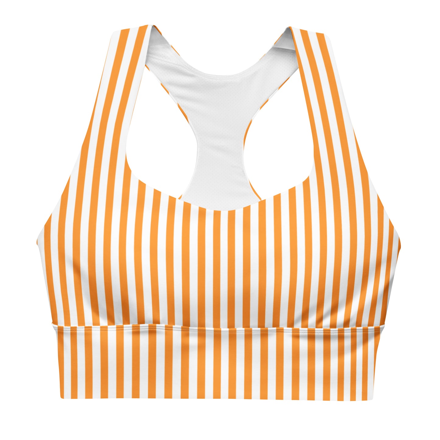 A sports bra with white and orange stripes, featuring a longline silhouette, with no visible brand markings.