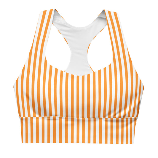 A sports bra with white and orange stripes, featuring a longline silhouette, with no visible brand markings.