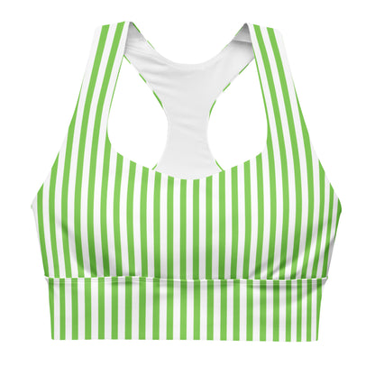 A sports bra with white and green stripes, featuring a longline silhouette, without visible brand markings.