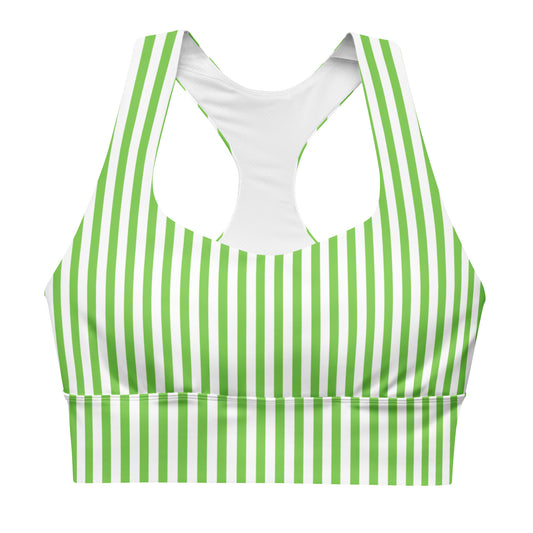 A sports bra with white and green stripes, featuring a longline silhouette, without visible brand markings.