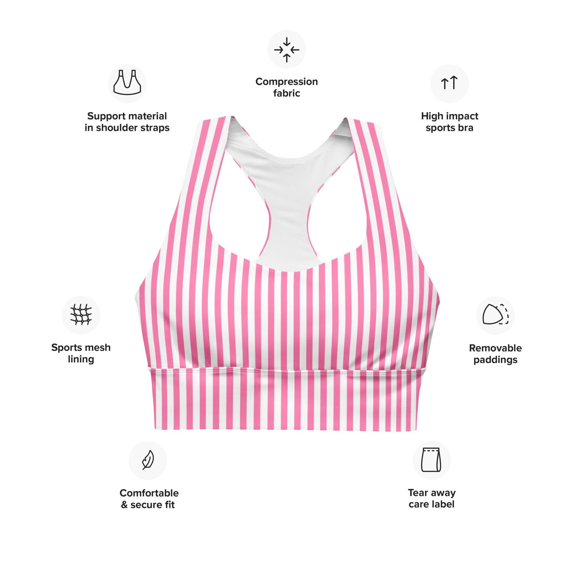 Longline sports bra- White and Pink Stripes