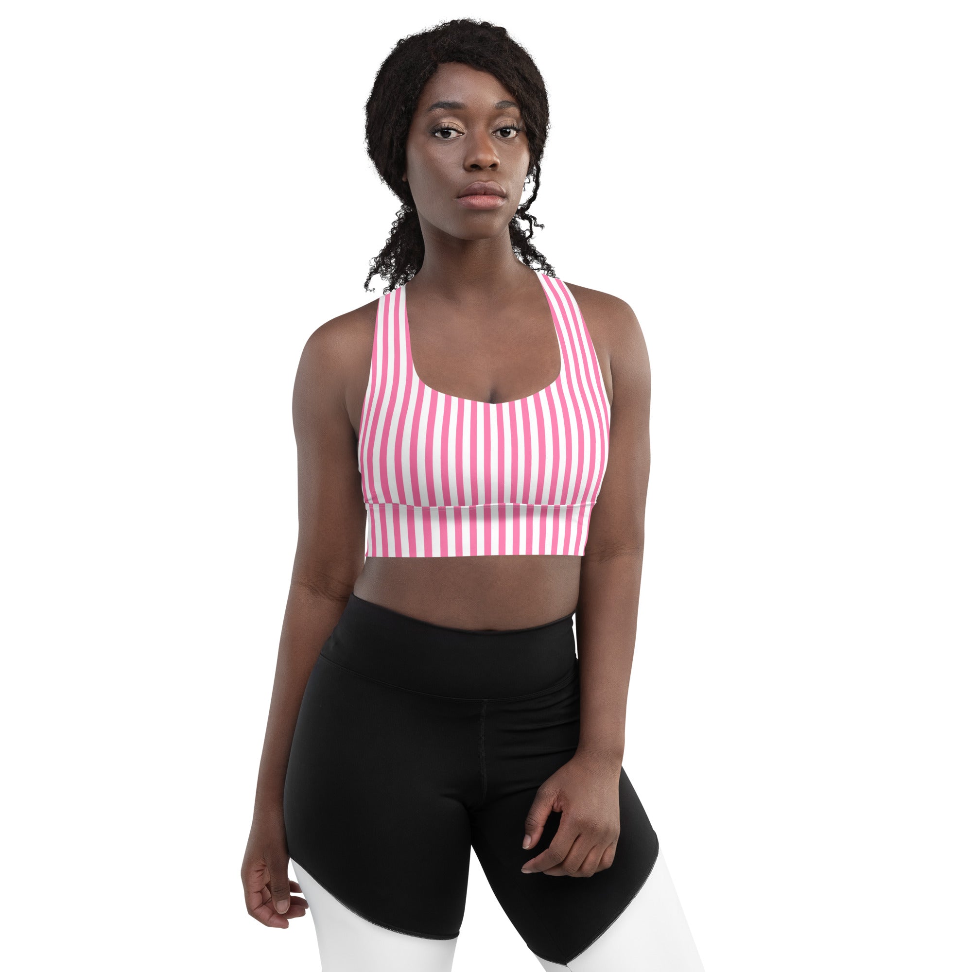 Longline sports bra- White and Pink Stripes