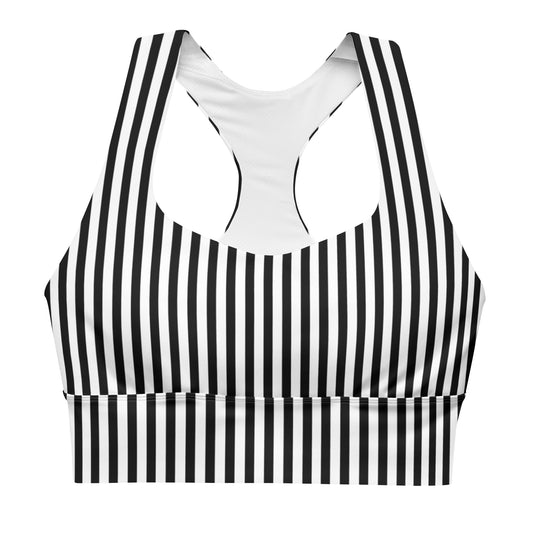 A black and white striped longline sports bra