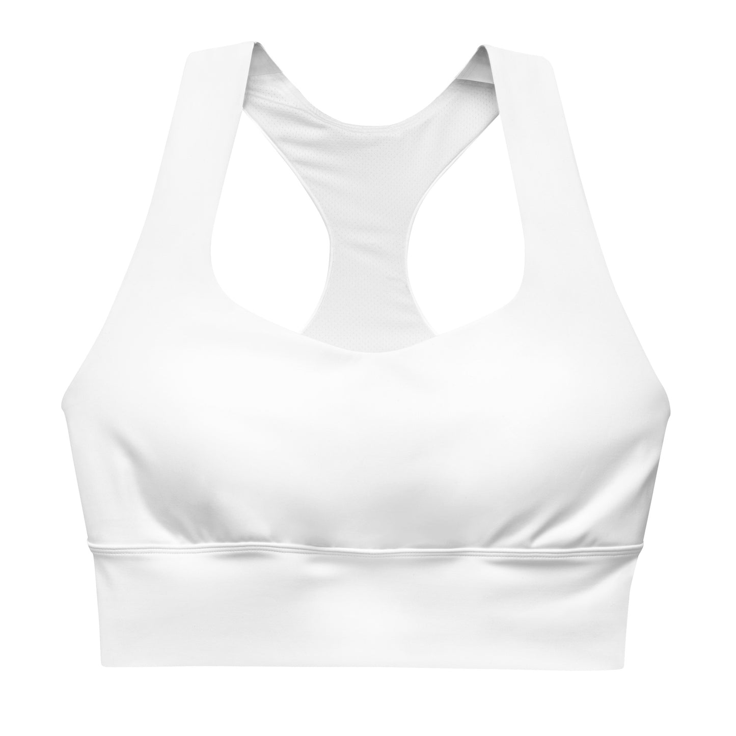 A white longline sports bra with double-layered front and shoulder straps, featuring a mesh lining and removable padding.