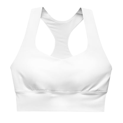 A white longline sports bra with double-layered front and shoulder straps, featuring a mesh lining and removable padding.
