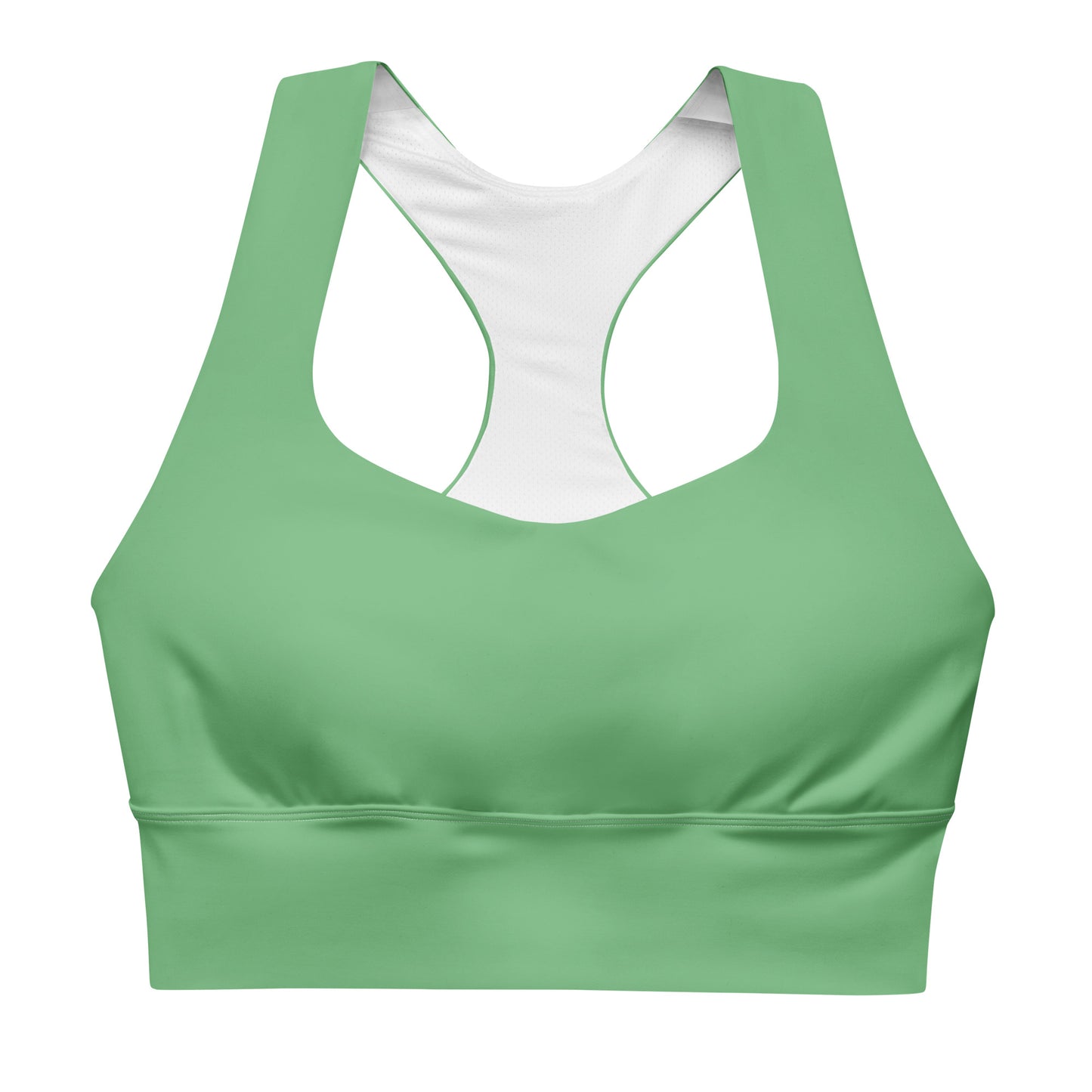 A green longline sports bra with adjustable straps and a mesh lining.