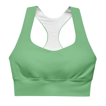 A green longline sports bra with adjustable straps and a mesh lining.
