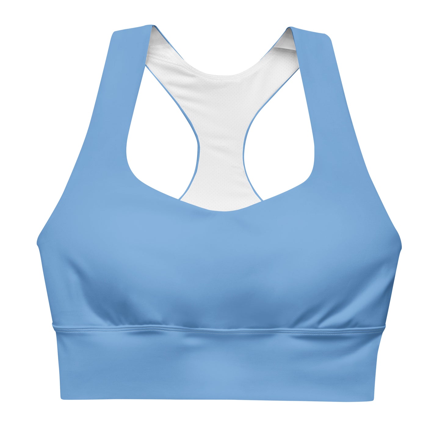 A blue longline sports bra with adjustable straps and a mesh lining.