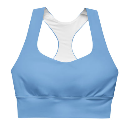 A blue longline sports bra with adjustable straps and a mesh lining.