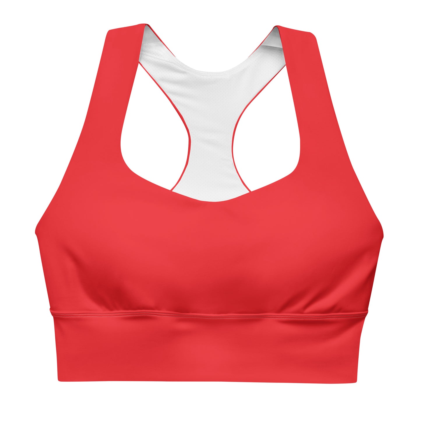 A red longline sports bra with white layered front and shoulder straps, and a white mesh lining at the front.