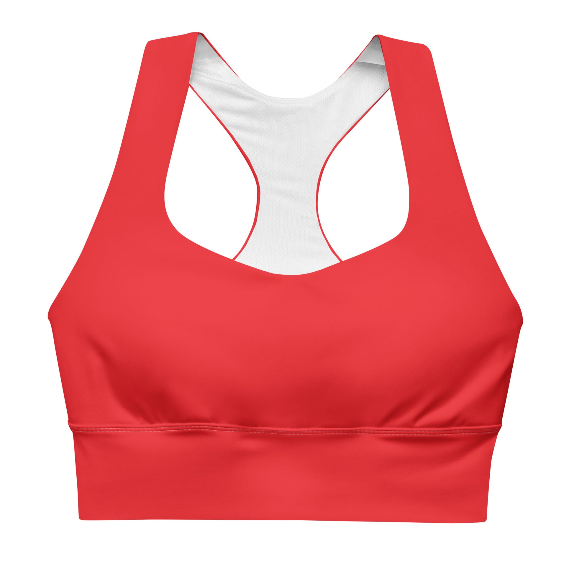 A red longline sports bra with white layered front and shoulder straps, and a white mesh lining at the front.
