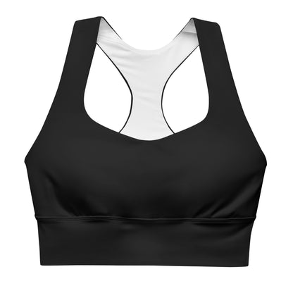 A black longline sports bra with double-layered front straps and mesh lining.