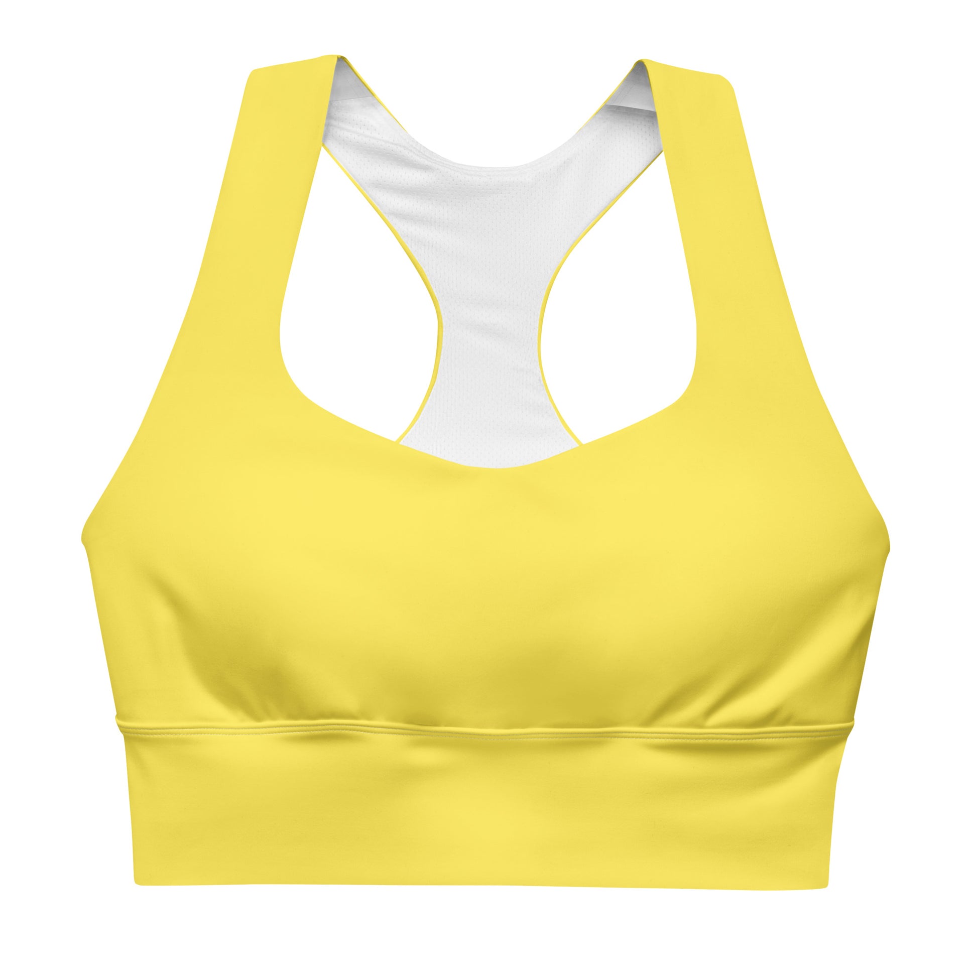 Yellow longline sports bra with double-layered front and shoulder straps, mesh lining, and removable padding.