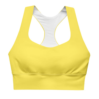 Yellow longline sports bra with double-layered front and shoulder straps, mesh lining, and removable padding.