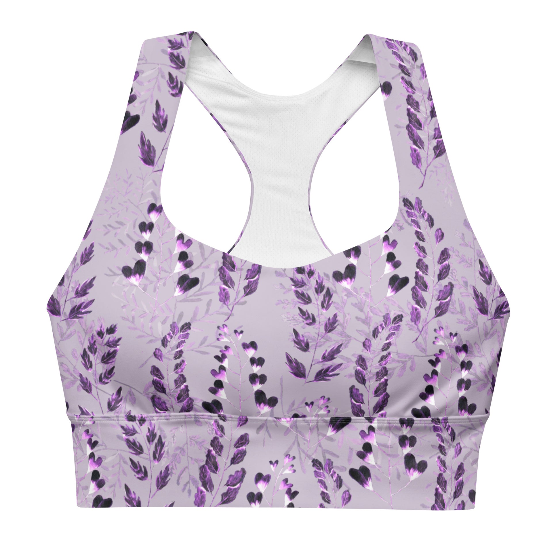 A longline sports bra with a purple floral pattern on a gray background, featuring double-layered front and shoulder straps.