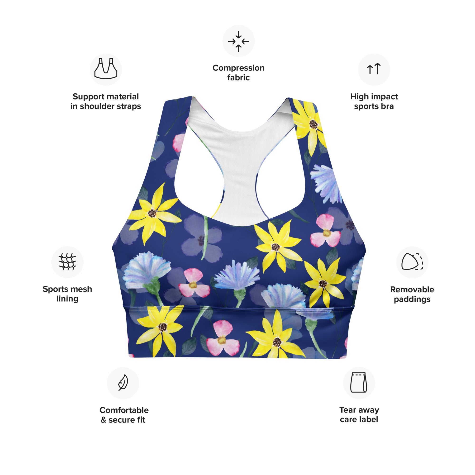 Longline sports bra- Summer Flowers Dark Blue