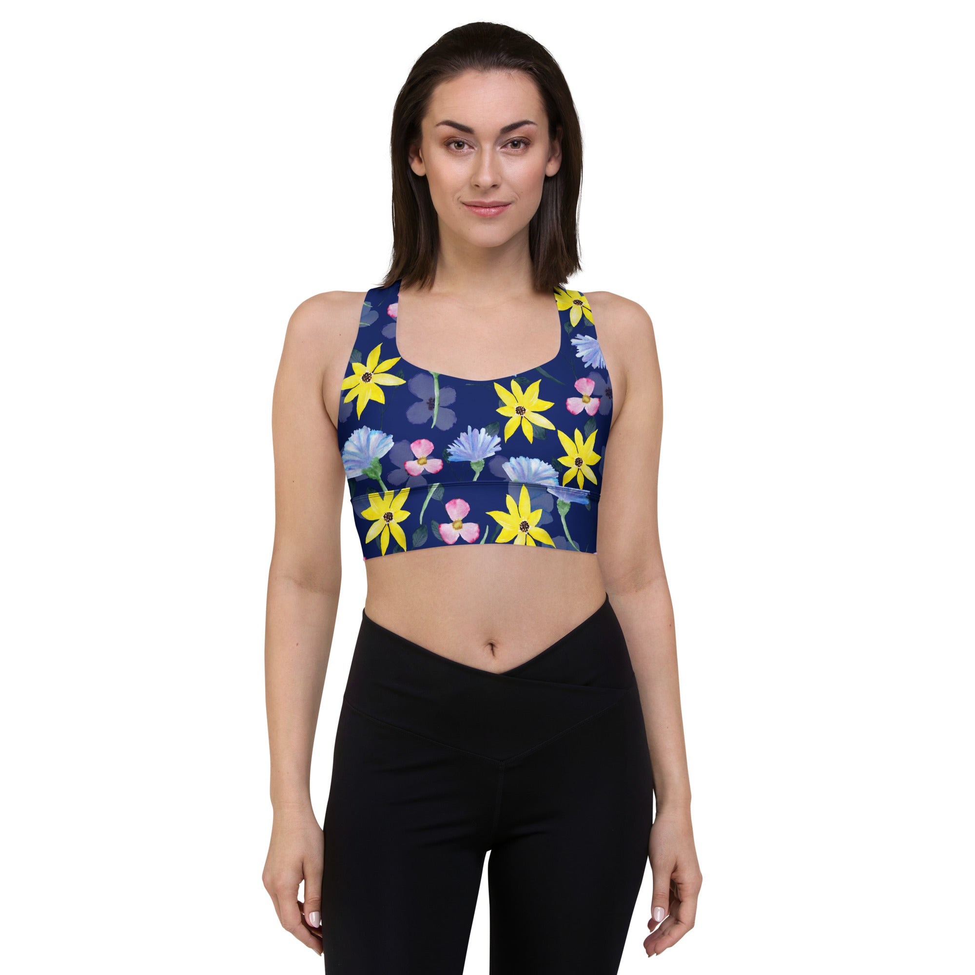 Longline sports bra- Summer Flowers Dark Blue